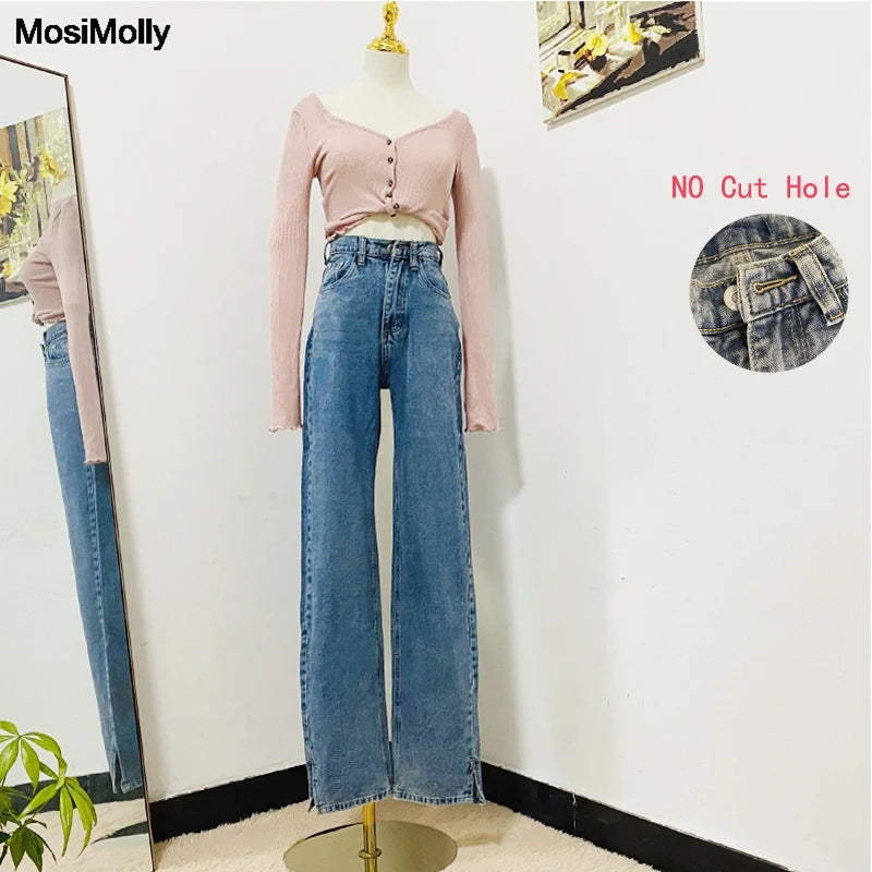 Washed Denim Pants Jeans Women Boyfriend Jeans Casual Pants Split Long Pants Bottom Black Jeans