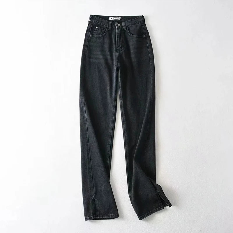 Washed Denim Pants Jeans Women Boyfriend Jeans Casual Pants Split Long Pants Bottom Black Jeans